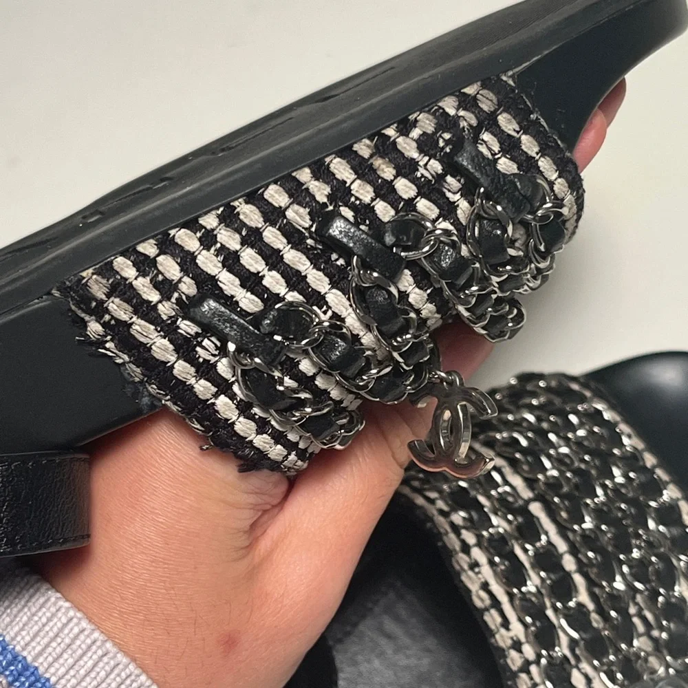 CHANEL Women's Black and White Embellished Sandals